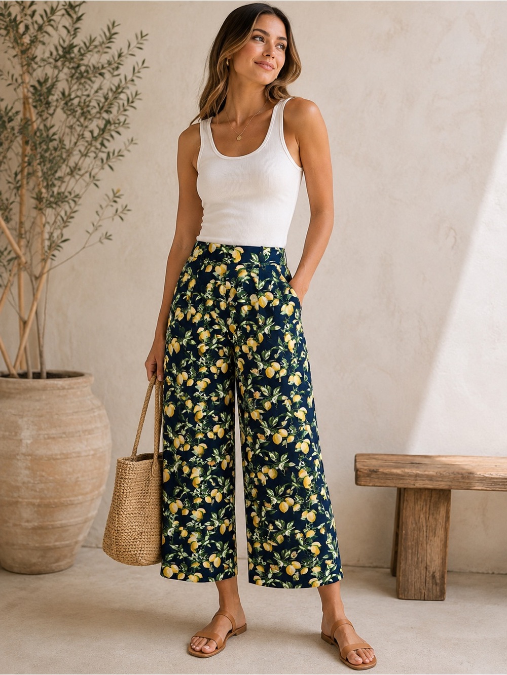 LOFT Lemon Print Wide-Leg Crop Pants | Size S Petite
